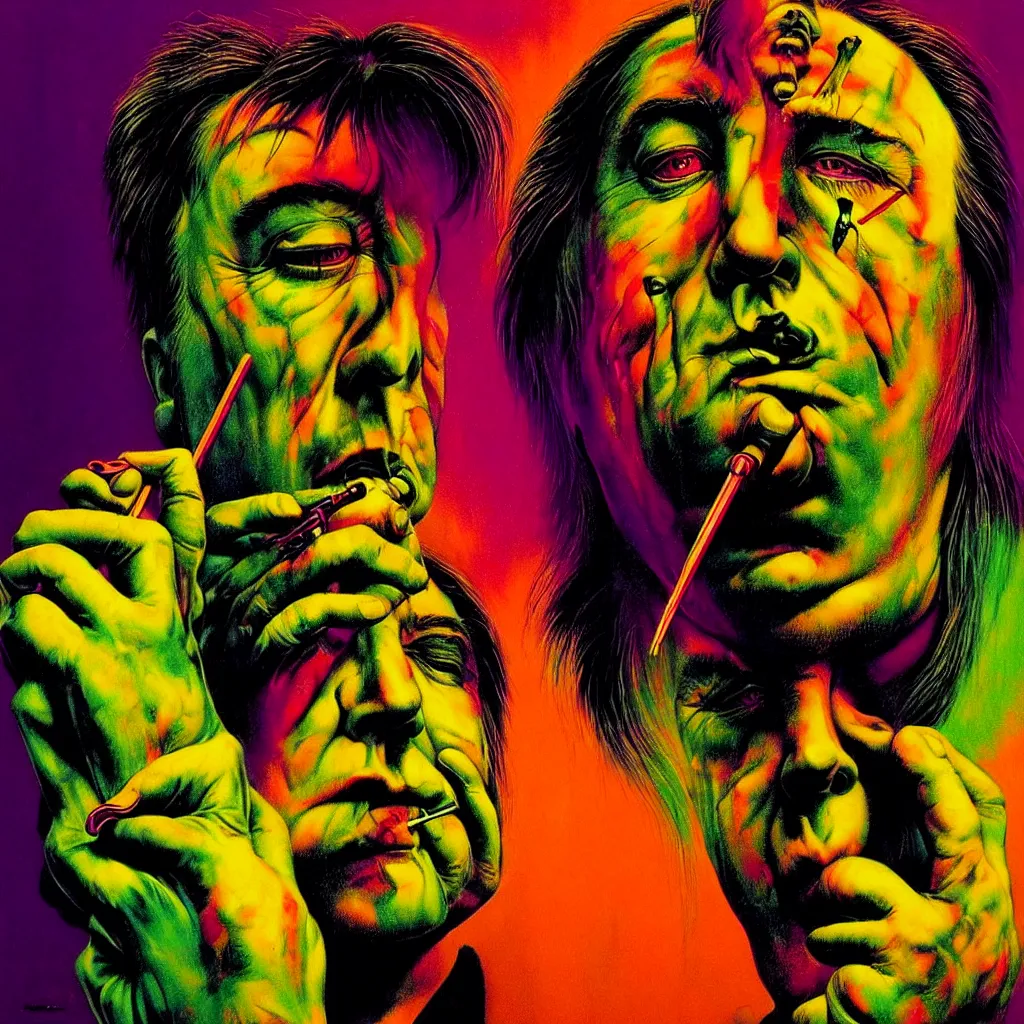 Image similar to psychedelic bright portrait of bill hicks smoking in the style of hans giger, alex grey, lynchian atmosphere, film noir, concept art, art by kuvshinov ilya and zdislav beksinski and wayne barlowe, vivid colors, yellow, purple, red, black, blue, green, orange, pink