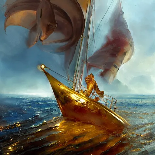 Image similar to stunning portrait of 2yo greek argonaut Orpheus sailing in a golden vessel in Cap de Creus, painting by Raymond Swanland hq