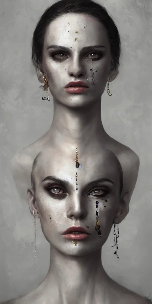 Image similar to realistic character concept, mime with lots of jewelry in the face, elegant pose, scifi, illustration, slender symmetrical face and body, artstation, cinematic lighting, hyperdetailed, cgsociety, 8 k, high resolution, charlie bowater, tom bagshaw, single face, insanely detailed and intricate, beautiful, elegant, golden ratio, dark fractal background, vfx, postprocessing