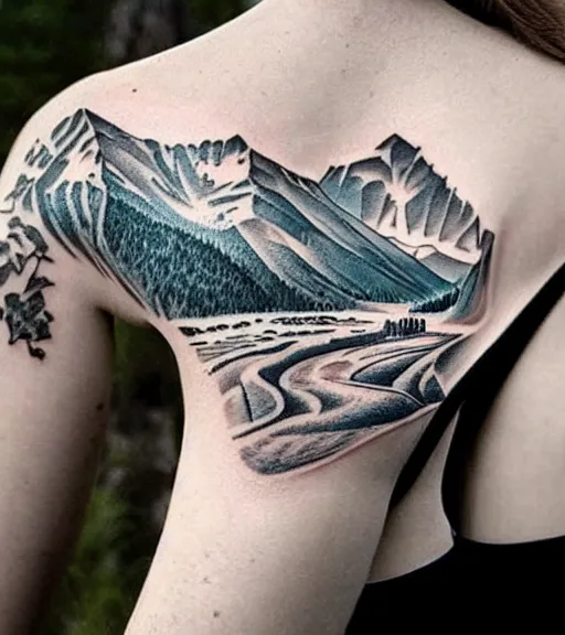 Image similar to hyper realistic tattoo design of a very beautiful woman against a background of beautiful mountains and nature, in the style of den yakovlev, amazing detail