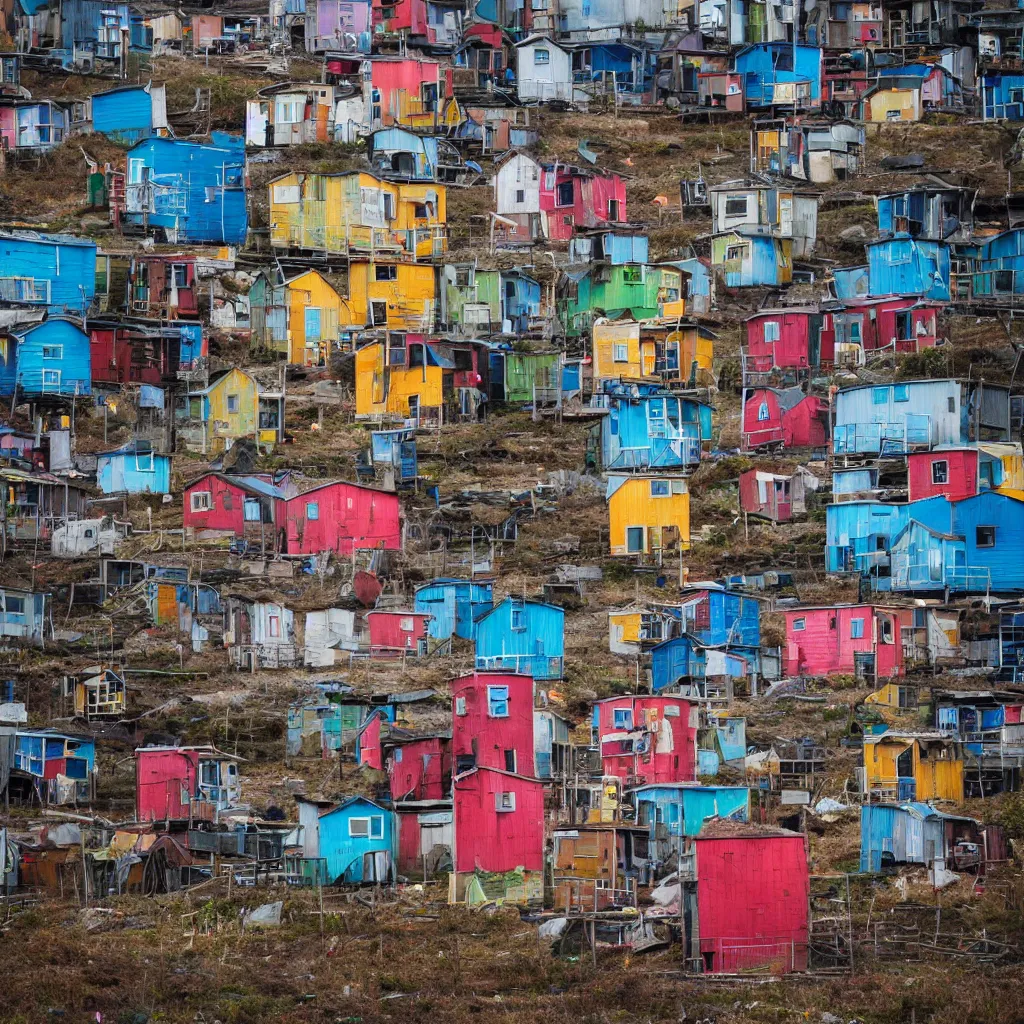 Image similar to a tower made up of colourful makeshift squatter shacks, dystopia, sony a 7 r 3, f 1 1, fully frontal view, photographed by jeanette hagglund, ultra detailed,