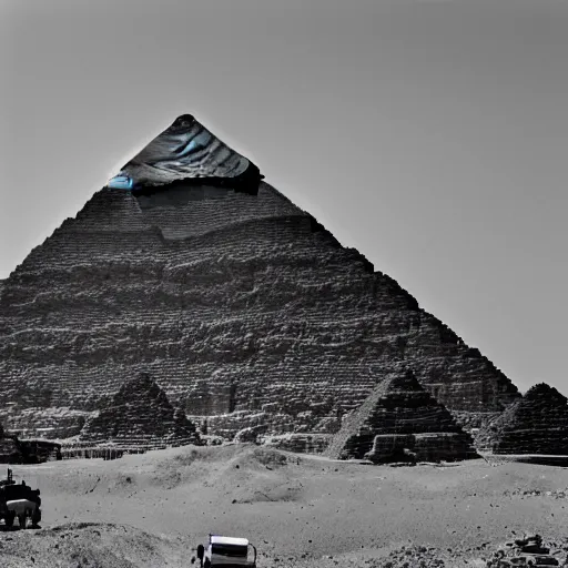 Image similar to a photograph of the great pyramid of giza at the early stages of construction with heavy scaffolding in place, the top of the pyramid has yet to be built, dslr high resolution