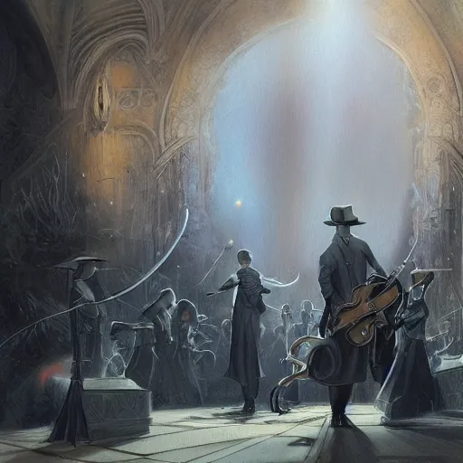 Image similar to orchestral music played by secret agents, painted by john howe, pixiv, deviantart, artstation, danbooru, illustration, realistic