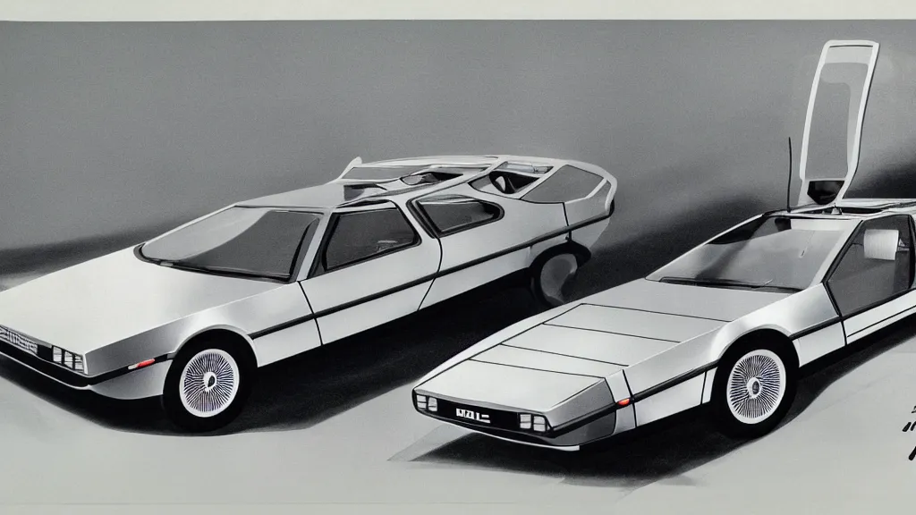 Image similar to 1965 DeLorean as designed by Ford concept drawing, catalog print