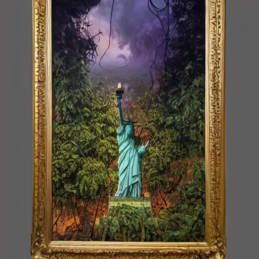 Prompt: statue of liberty reclaimed by the jungle , surrounded by tall vines in oversized misty jungle, dramatic sunset and dramatic sky , very detailed oil painting by frazetta, low angle, postapocalyptic panorama.asthetics !