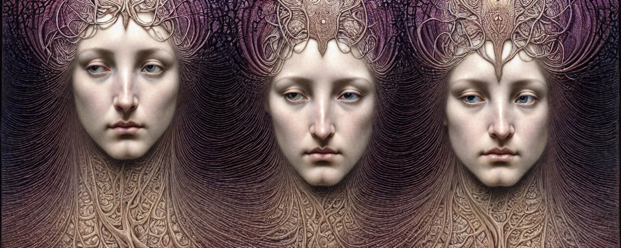 Prompt: hyperrealistic stunning goddess face portrait by jean delville, gustave dore, iris van herpen and marco mazzoni, art forms of nature by ernst haeckel, art nouveau, symbolist, masterpiece, visionary, gothic, neo - gothic, pre - raphaelite, fractal lace, intricate alien botanicals, ai biodiversity, surreality, hyperdetailed ultrasharp octane render