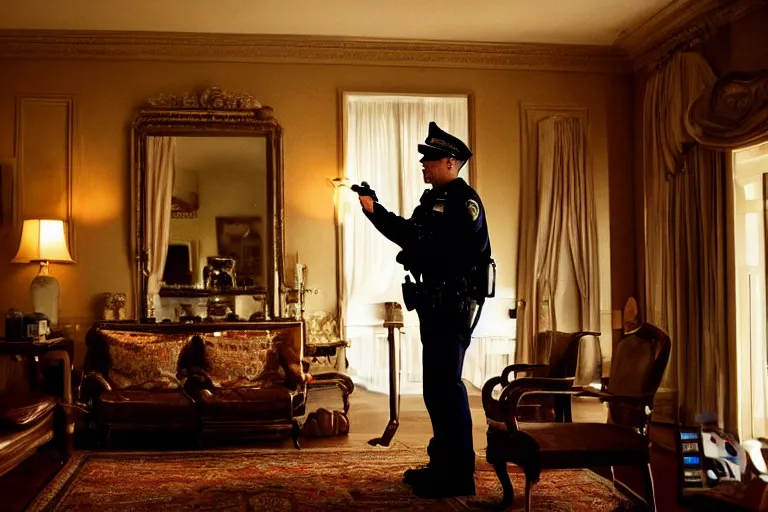 Image similar to cinematography portrait of a cop talking to his radio in an decadent mansion foyer by Emmanuel Lubezki