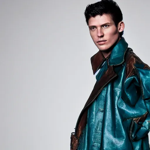 Prompt: an award - winning photo of a male model wearing a baggy teal distressed medieval leather menswear jacket by boris issey miyake, 4 k, studio lighting, wide angle lens