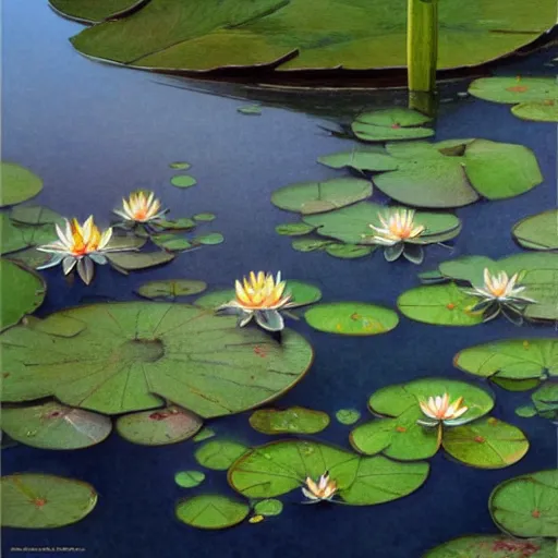 Prompt: Water Lillies in Pond, Watercolor, photorealistic, high resolution, award winning, trending on artstation, intricate, elegant, highly detailed, digital painting, artstation, concept art, smooth, sharp focus, illustration, art by artgerm and greg rutkowski and alphonse mucha