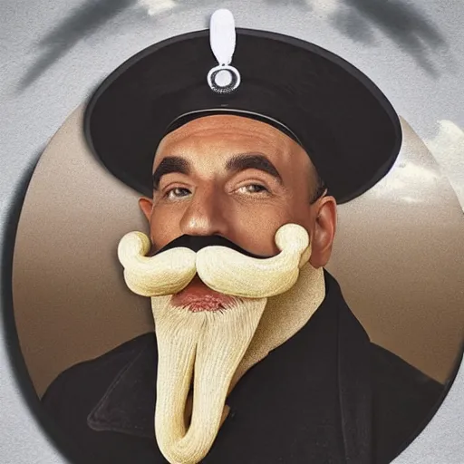 Image similar to man with large swirly black moustache, giant nose, sailors hat, portrait, real life photo