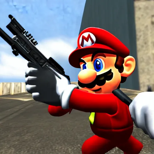 Prompt: Mario in Counter-Strike 1.6, gameplay screenshot,