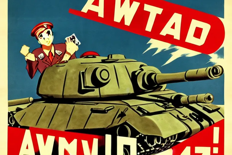 Image similar to 1940s, war, anime, poster, smiling tanks
