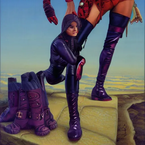 Prompt: spandex, gloves and boots, by gerald brom