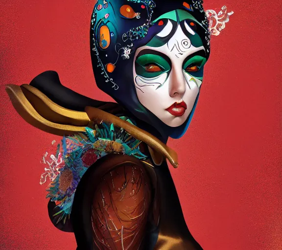 Image similar to beautiful female character inspired by venice carnival and pop art bounty hunter | | digital artwork made by greg rutswork, anna dittmann and lois van barlee, symmetrical, anatomically correct