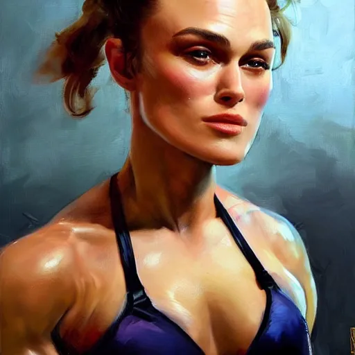 Image similar to greg manchess portrait painting of confident keira knightley as beautiful thick female bodybuilder zarya from overwatch, medium shot, asymmetrical, profile picture, organic painting, sunny day, matte painting, bold shapes, hard edges, street art, trending on artstation, by huang guangjian and gil elvgren and sachin teng