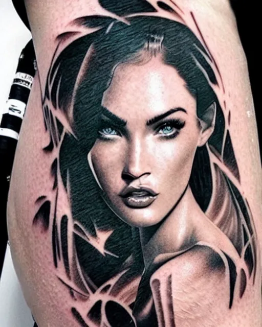 Image similar to creative double exposure effect tattoo design sketch of megan fox faded with beautiful mountain scenery, realism tattoo, in the style of matteo pasqualin, amazing detail, sharp