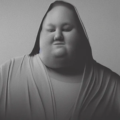 Image similar to fat jedi in epic pose, facing camera, smoke, fog, studio lighting from above, illustration,