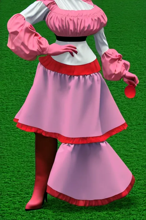 Prompt: a Marvelous Designer render of a 1998 Dutch milkmaid costume with a cow bell choker, exposed midriff and udders. drag queen, campy. Cow Costume with Udders, comical. Cloven Hoof High-Heeled Boots. Puff sleeves, ruched bodice.