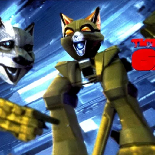 Image similar to a still of from the movie the running man crossover with the game star fox 6 4