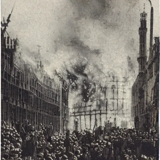 Image similar to a Polaroid photo of the great London fire of 1666, medieval London