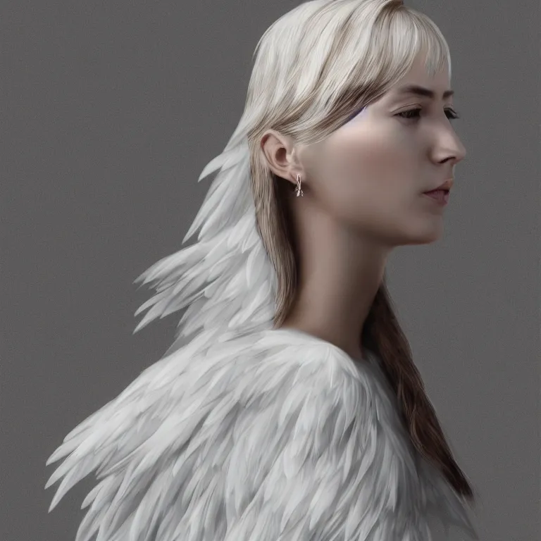 Image similar to hight focus of a wonderful realistic focused sweet wonderful symmetrical mid portrait of a lonely woman with a detailed wonderful, majestic, large semi transparent white cotton dress like as a realistic black raven, dramatic light, octane render - 8 k