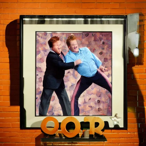 Image similar to conan o'brien and andy richter wrestling, by michelangelo