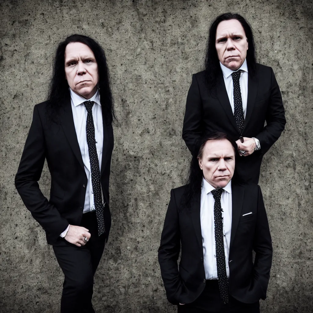 Image similar to francois legault, suit and tie, business outfit, black metal make - up, album cover, band name, dark forest, studded choker, long black hair