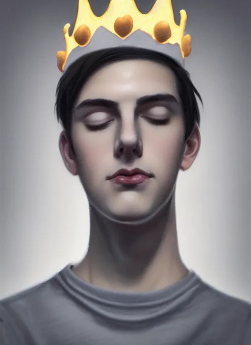 Image similar to portrait of teenage jughead jones wearing a light grey crown, crown, hamburger background, eyes closed, crown, black hair, intricate, elegant, glowing lights, warm lighting, highly detailed, digital painting, artstation, concept art, smooth, sharp focus, illustration, art by wlop, mars ravelo and greg rutkowski
