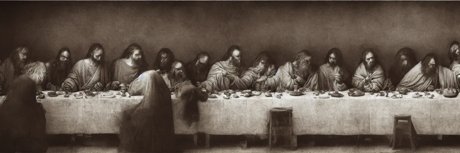 Image similar to Award Winning Editorial 84° wide-angle picture of a Tramps with bowed heads in a Soup Kitchen by David Bailey and daVinci, called 'The Last Supper', 85mm ND 5, perfect lighting, gelatin silver process