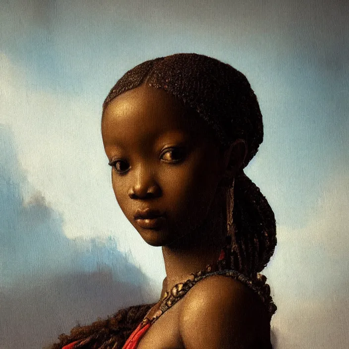 Image similar to a painting of a African girl by Leonardo da Vinci . dramatic angle, ethereal lights, details, smooth, sharp focus, illustration, realistic, cinematic, artstation, award winning, rgb , unreal engine, octane render, cinematic light, macro, depth of field, blur, red light and clouds from the back, highly detailed epic cinematic concept art CG render made in Maya, Blender and Photoshop, octane render, excellent composition, dynamic dramatic cinematic lighting, aesthetic, very inspirational, arthouse.