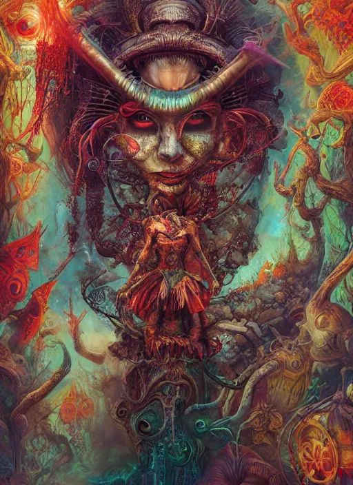 Image similar to alice in wonderland, mayan god, alien, highly detailed, cinematic, 8 k, by megan duncanson, benjamin lacombe, adrian borda, stanley artgermm, tom bagshaw, craig mullins, carne griffiths, ayami kojima, beksinski, giger, trending on deviantart, hyper detailed, horror, full of colour