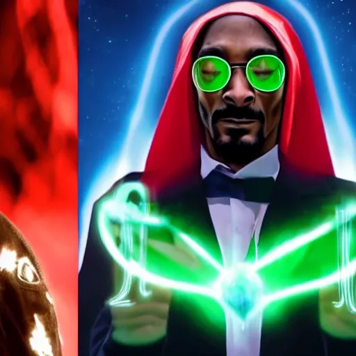 Image similar to cinematic film still of Snoop Dogg starring as a futuristic Marvel Super Hero holding green fire, 2022, 40mm lens, shallow depth of field, film still