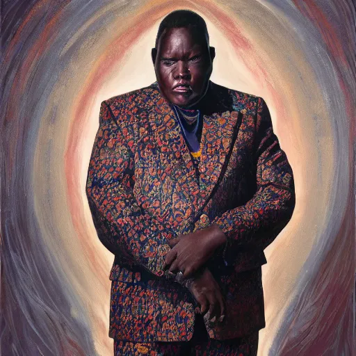 Image similar to a painting of a XXL wise elder from Kenya in a suit by Kehinde Wiley . dramatic angle, ethereal lights, details, smooth, sharp focus, illustration, realistic, cinematic, artstation, award winning, rgb , unreal engine, octane render, cinematic light, macro, depth of field, blur, red light and clouds from the back, highly detailed epic cinematic concept art CG render made in Maya, Blender and Photoshop, octane render, excellent composition, dynamic dramatic cinematic lighting, aesthetic, very inspirational, arthouse.