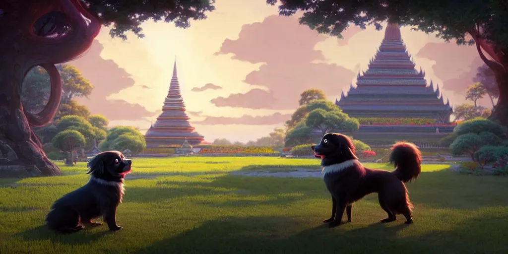 Prompt: a wholesome animation key shot of a black tibetan spaniel, thai temple in the background, studio ghibli, pixar and disney animation, sharp, rendered in unreal engine 5, anime key art by greg rutkowski, bloom, dramatic lighting