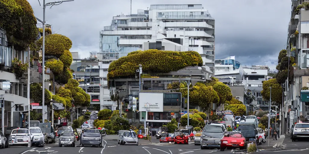 Prompt: a street in wellington new zealand where multiple buildings are covered in living walls made of endemic new zealand epiphyte species. patrick blanc. people walking on street. cars parked. windy day. 2 5 0 meter high hills in distance