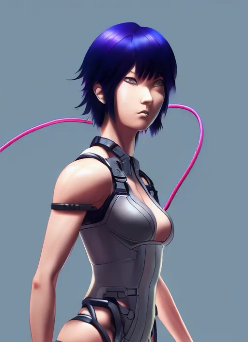 Prompt: color digital pen lineart sketch of athletic motoko kusanagi connected to many cables, wires, inputs, outputs, by gnomon, by ilya kuvshinov, trending on pixiv fanbox, by weta digital, octane render