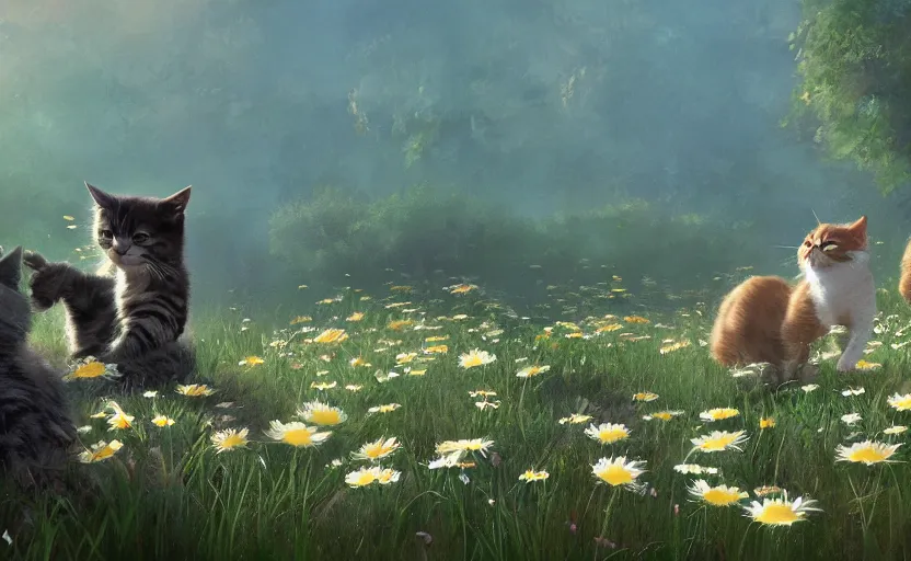 Prompt: cats and daisies, painting by craig mullins, octane rendering, soft morning lighting, wide angle lens, in the style of hayao miyazaki, trending on artstation,