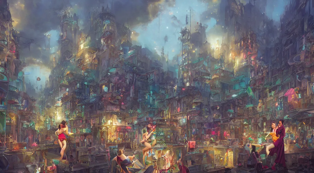 Image similar to bazaar zouk oriantal place mosquet multicolorful sky shine matte painting, street art, trending on artstation, by huang guangjian and gil elvgren and sachin teng