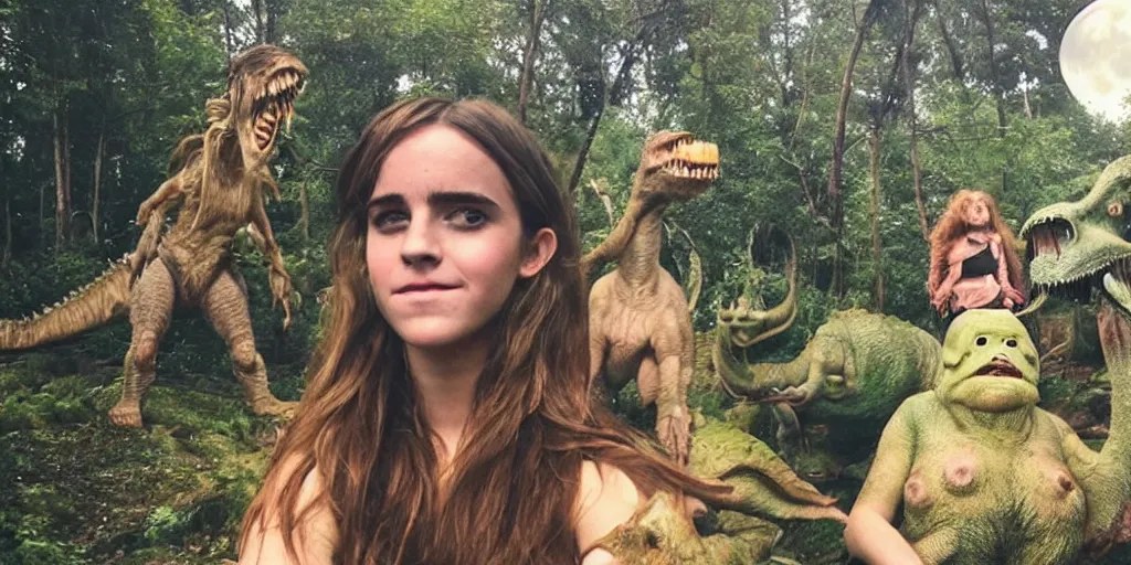 Image similar to photo, hairy fat cave people, emma!! watson!!, looking at camera, surrounded by dinosaurs!, gigantic forest trees, sitting on rocks, bright moon, birthday cake on the ground, front close - up view of her face, selfie, jelly monster