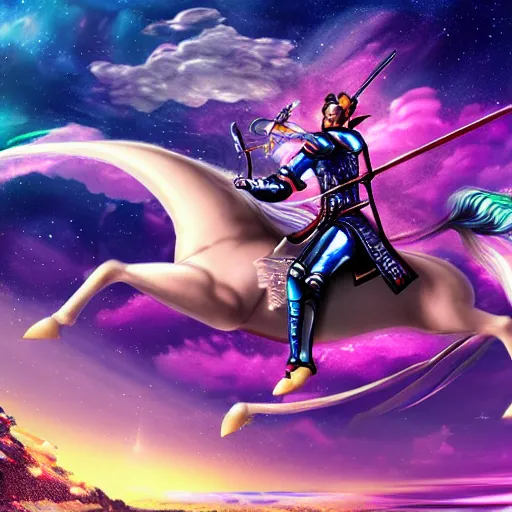 Prompt: A knight holding a sword while riding in a Pegasus through the galaxy, vaporwave, 4K