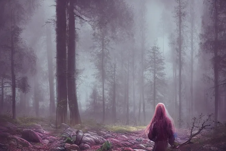 Prompt: dark eldritch girl in a swedish forest, very low angle photograph, very detailed, trending on artstation, hyperrealistic, soft colors, simon stalenhag, lovecraft, horror