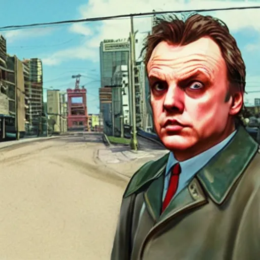 Image similar to Rik Mayall in GTA VI, cover art by stephen Bliss