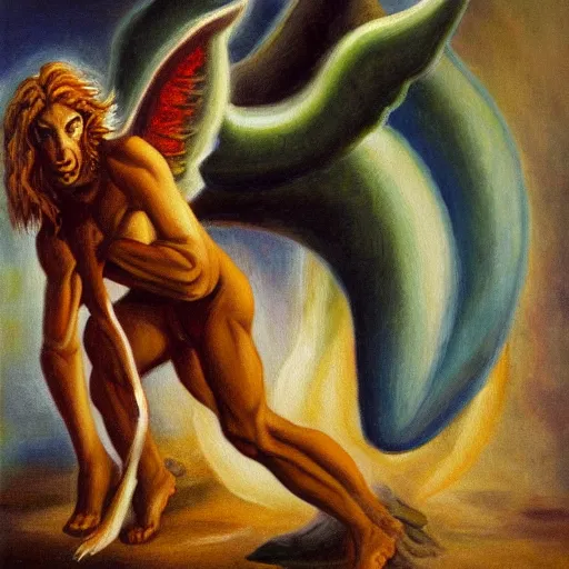 Prompt: A demon being stepped on by an angel, oil painting