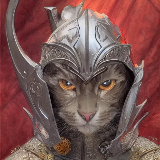 Prompt: Knight with the head of a cat, fantasy D&D character, portrait art by Donato Giancola and James Gurney, digital art, trending on artstation