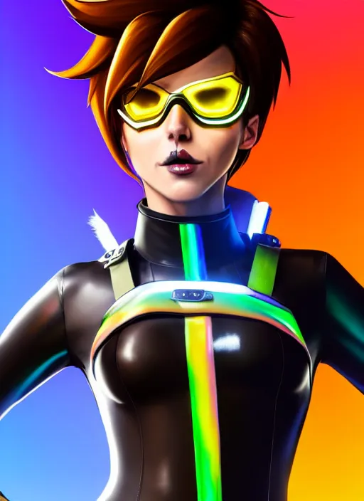 Image similar to full body digital artwork of tracer overwatch, wearing black iridescent rainbow latex, 4 k, expressive happy smug expression, makeup, in style of mark arian, wearing detailed black leather collar, wearing sleek armor, black leather harness, expressive detailed face and eyes,