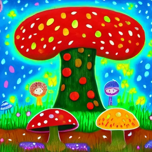 Image similar to a bright magic forest, with multicolored mushrooms and forest creatures dancing in the rain