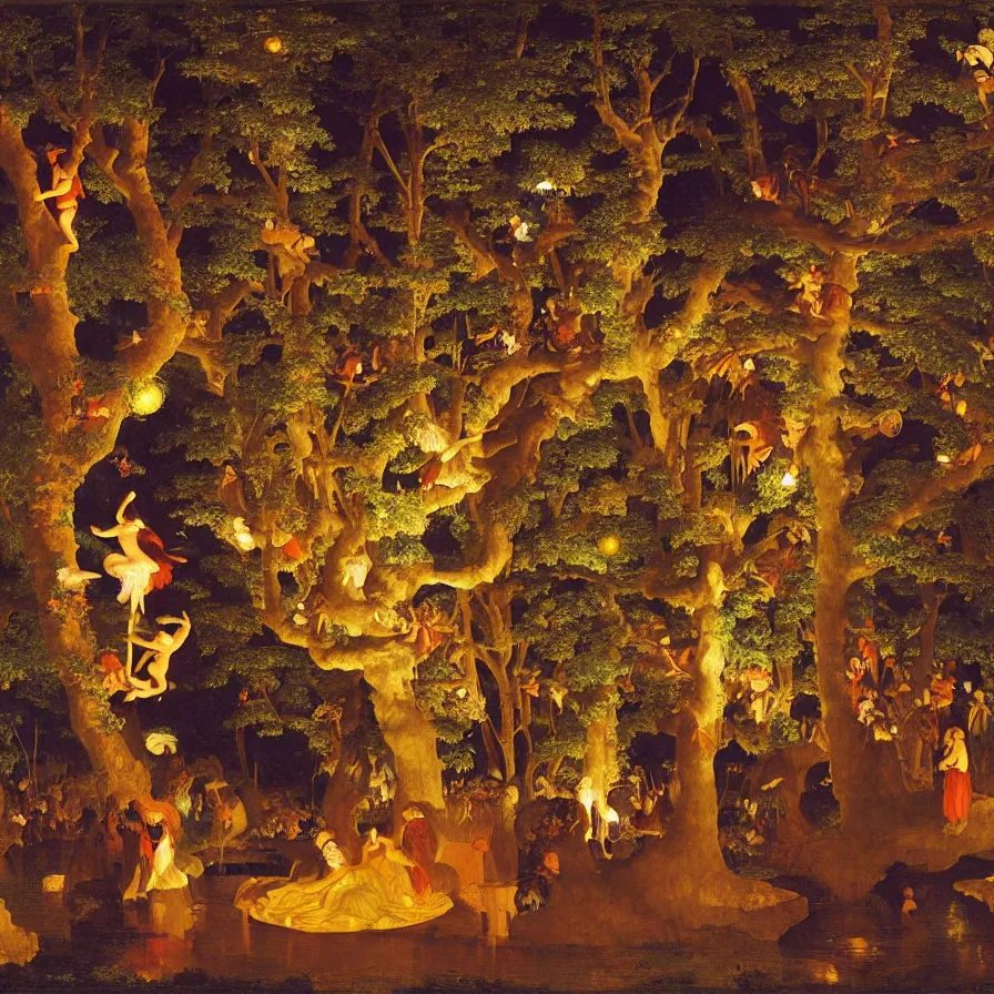 Image similar to a night carnival around a magical tree cavity, with a surreal orange moonlight and fireworks in the background, next to a lake with iridiscent water, christmas lights, folklore animals and people disguised as fantastic creatures in a magical forest by summer night, masterpiece painted by frederic leighton, dark night environment