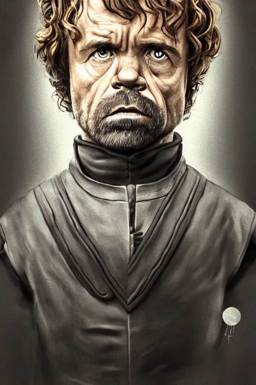 Prompt: cinematic portrait of Tyrion Lannister. Centered, uncut, unzoom, symmetry. character illustration. Surreal render, ultra realistic, zenith view. Polished. Inspired by patricio clarey, heidi taillefer scifi painter glenn brown. Extremely ornated. artstation, cgsociety, unreal engine, ray tracing, detailed illustration, hd, 4k, digital art, overdetailed art. Dslr, tiltshift, dof. 64megapixel. complementing colors. Trending on artstation, deviantart,