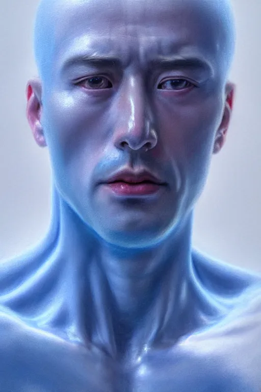 Prompt: hyperrealistic close-up pastel neoclassical exoskeleton! chinese man highly detailed concept art eric zener elson peter cinematic hard blue lighting high angle hd 8k sharp shallow depth of field