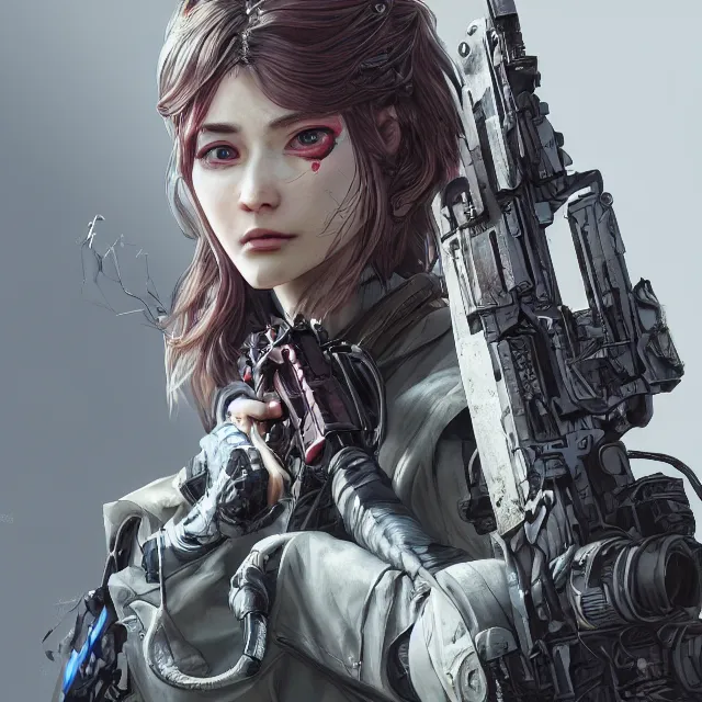 Image similar to the portrait of lawful neutral female cyberpunk infantry sniper as absurdly beautiful, gorgeous, elegant, young woman looking up, an ultrafine hyperdetailed illustration by kim jung gi, irakli nadar, intricate linework, bright colors, octopath traveler, final fantasy, unreal engine 5 highly rendered, global illumination, radiant light, detailed and intricate environment